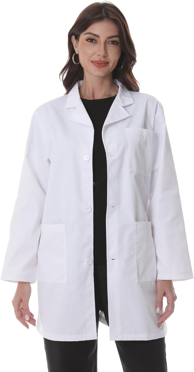 Greenour Professional Lab Coat for Women Long Sleeve White Medical Coat Uniform with 3 Pockets, Size XS-XL - Image 1